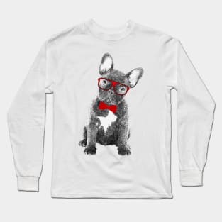 French Bulldog Red Ribbon & Glasses Frenchie Gift Long Sleeve T-Shirt